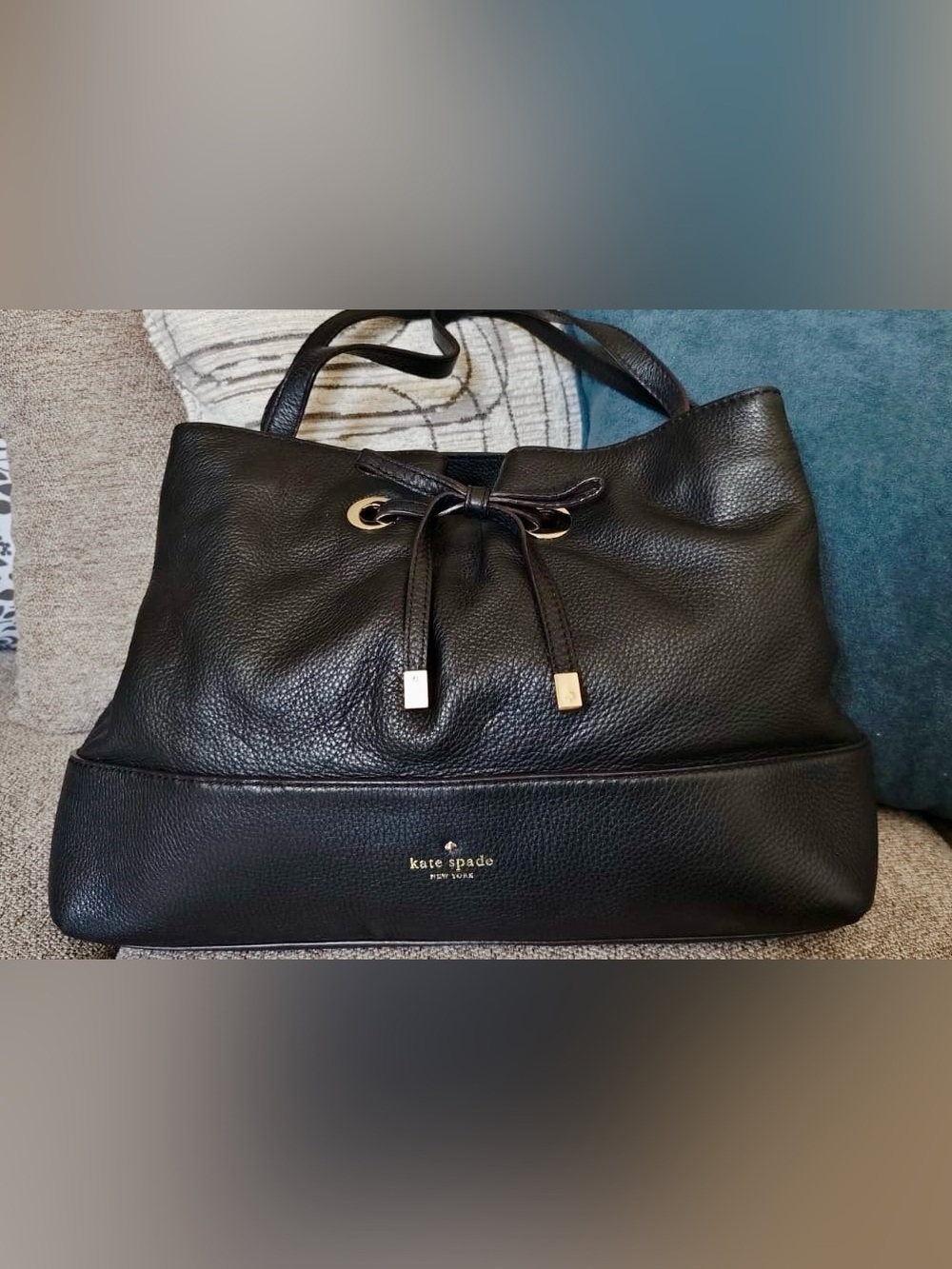 kate spade Black Pebbled Leather Drawstring Shoulder Tote with Gold Accents